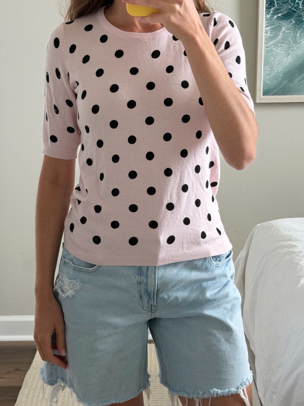 Premise Pink Short Sleeve Sweater with Black Polka Dots